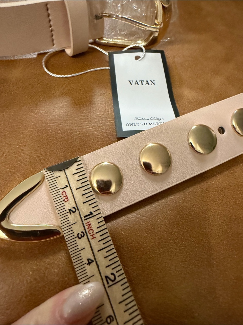 🤎VATAN Eco Friendly Nude Studded Belt w/ Gold Hardware. Measurements in photos - Picture 12 of 14